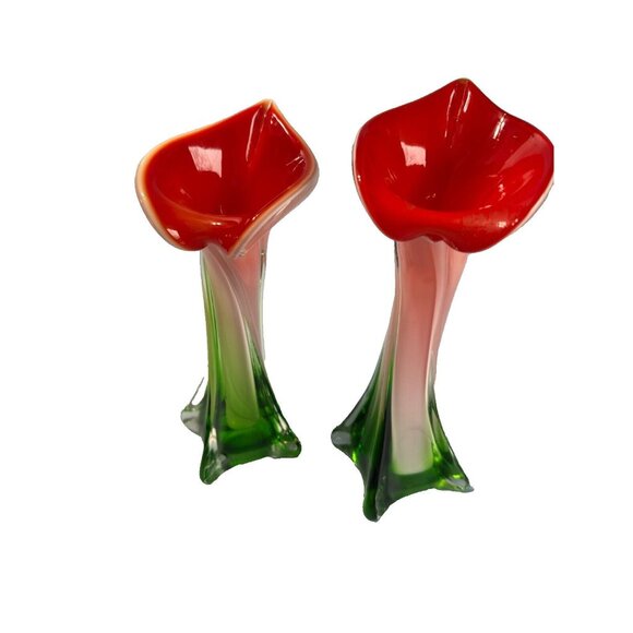 Pair Of Vintage Murano Jack In The Pulpit Calla Lily Vases Italy 8" & 9" - Picture 1 of 9